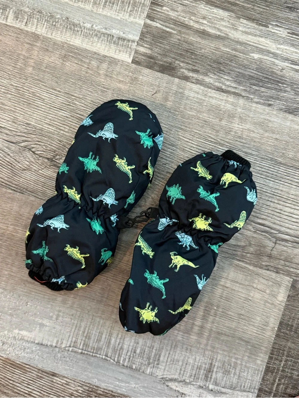3M Thinsulate Black Kids One-Piece Mittens with Green and Yellow Dino Print